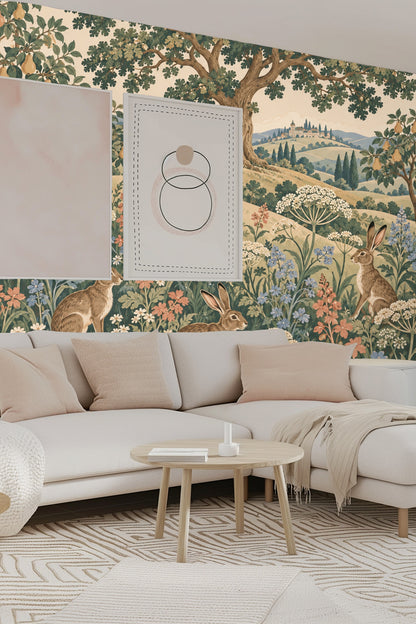 Various blossoming flowers with detailed leaves in Hilltop Hare Garden wallpaper