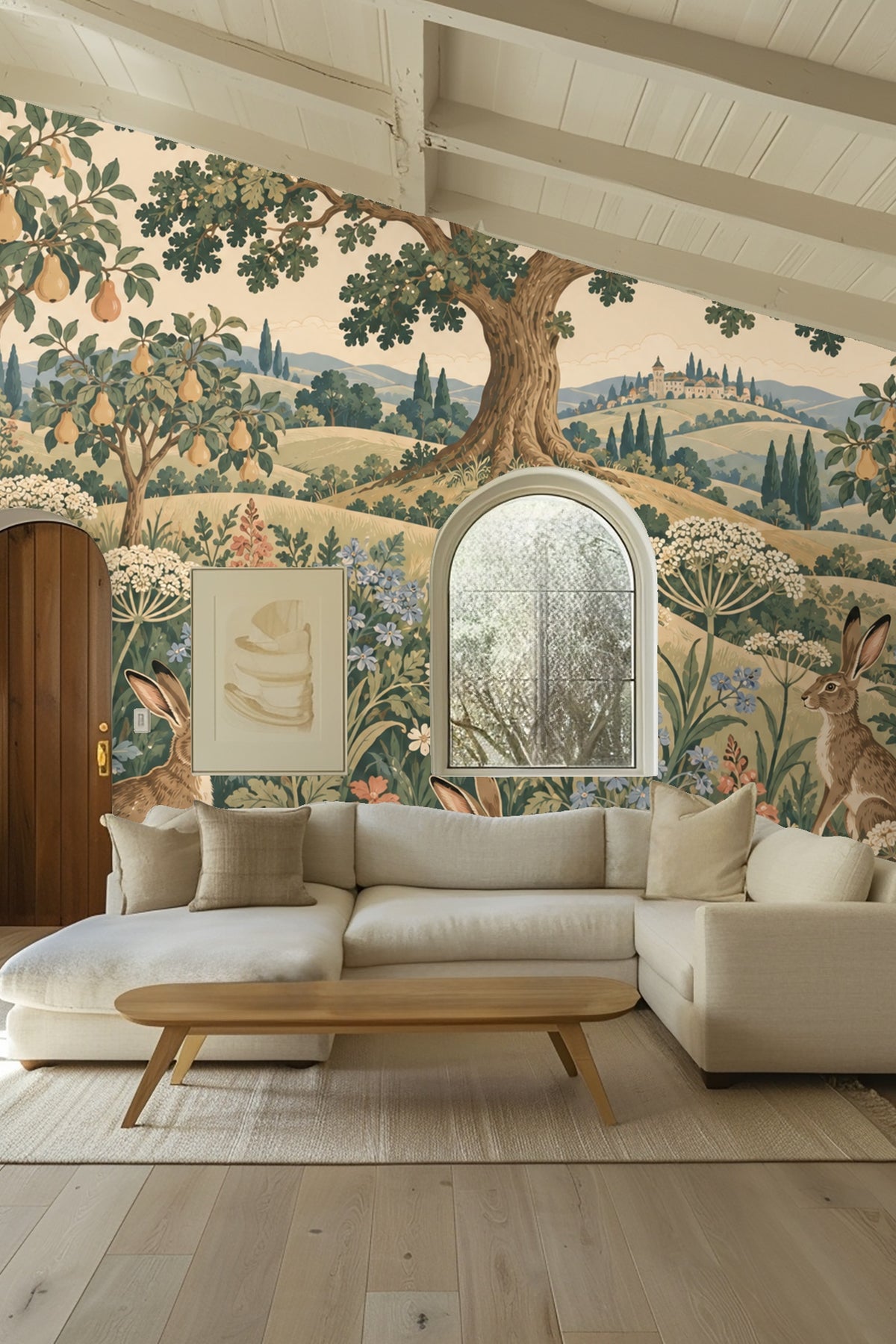Cluster of delicate wildflowers in terracotta, blue and cream amid hares