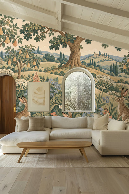 Cluster of delicate wildflowers in terracotta, blue and cream amid hares