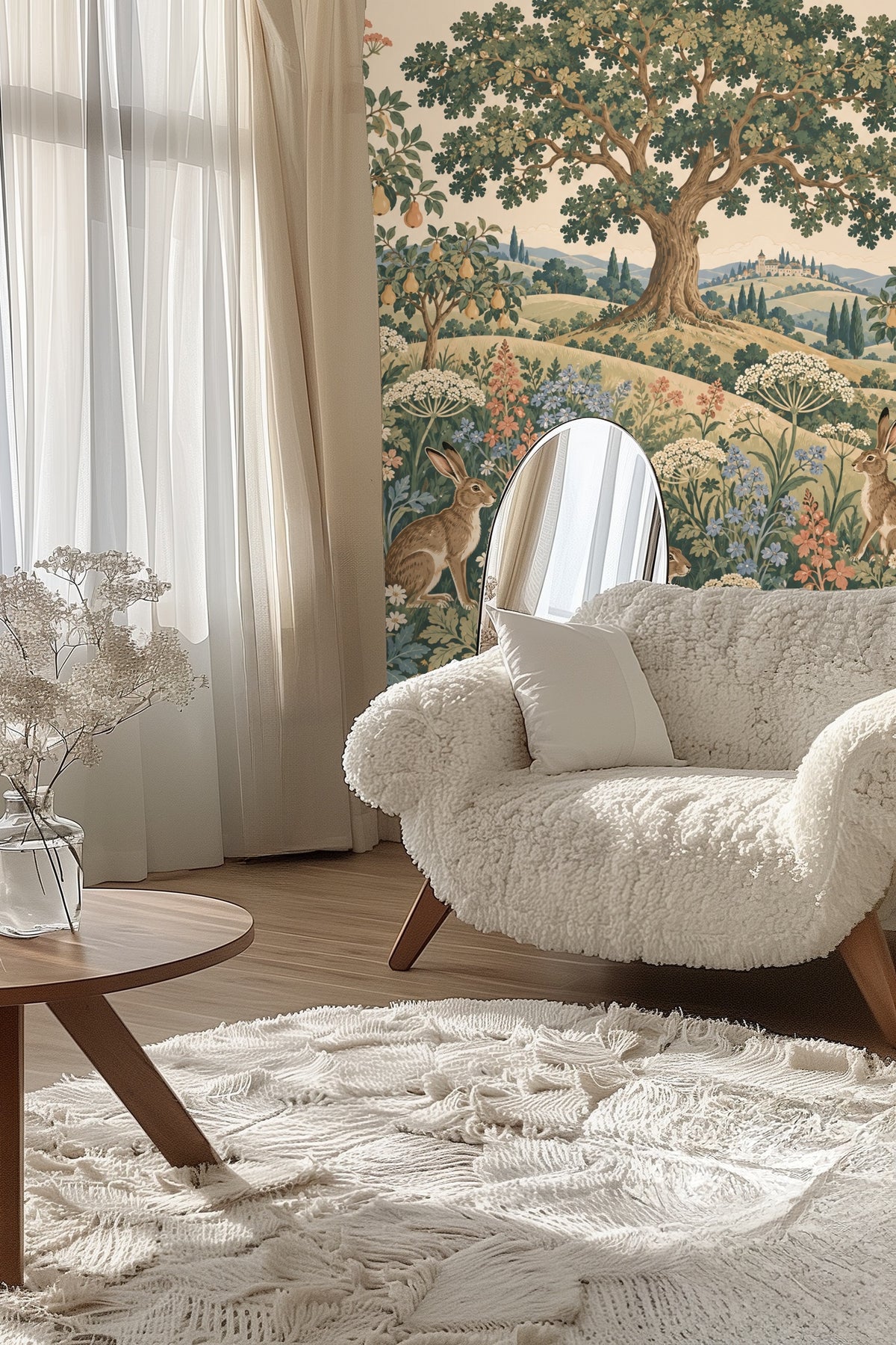 Bedroom setting with Hilltop Hare Garden wallpaper behind a green bed frame and white bedding