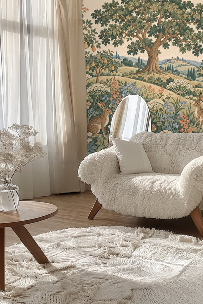 Bedroom setting with Hilltop Hare Garden wallpaper behind a green bed frame and white bedding