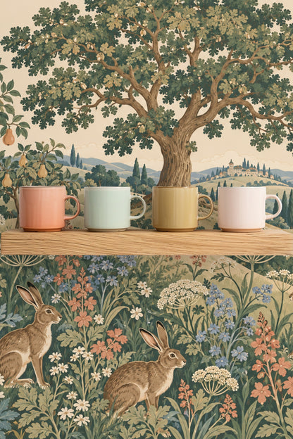 Pear trees with hanging fruit and floral foreground in Hilltop Hare Garden wallpaper