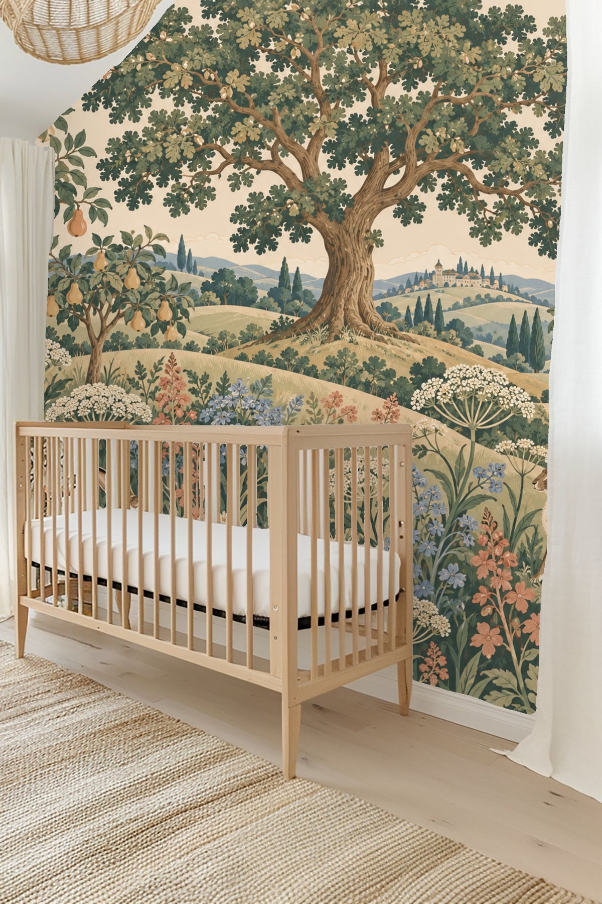 Close-up detail of hare among wildflowers and oak tree in Hilltop Hare Garden wallpaper