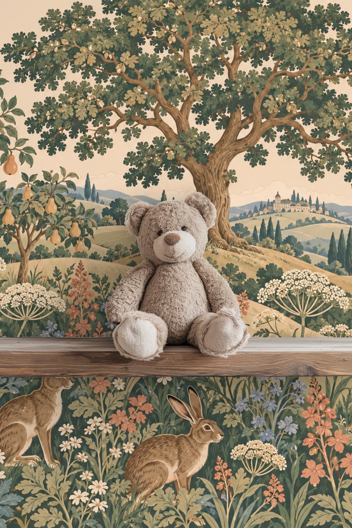 Oak tree trunk showing textured bark in Hilltop Hare Garden wallpaper