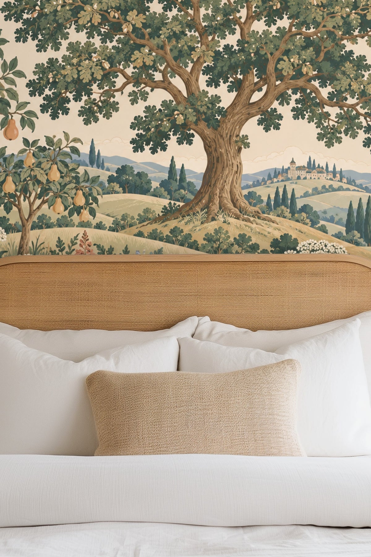 Room view of Hilltop Hare Garden wallpaper behind side table with light wood and beige sofa