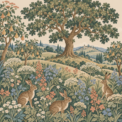 Wide-angle view of the wallpaper showcasing harmonious composition of hares, trees, and landscape