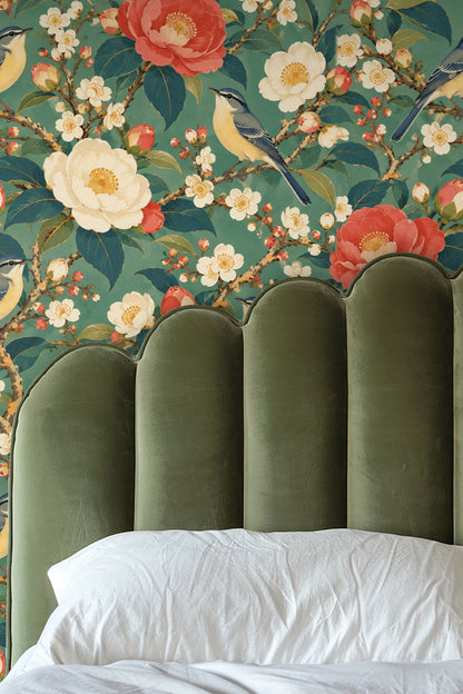 Seasonal blossom and bird wallpaper providing a calm, natural atmosphere indoors