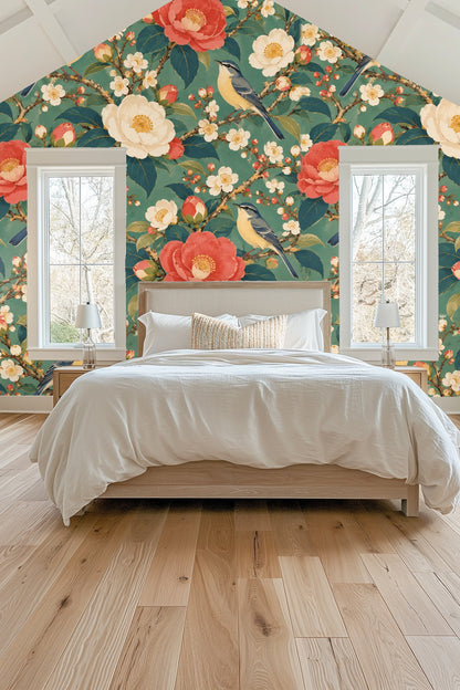 Wallpaper design showing detailed camellia flowers and blue birds on teal background