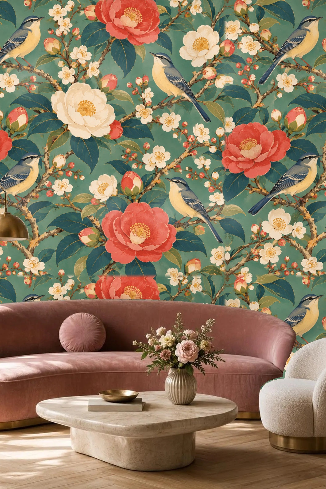 Bedroom with Jade Camellia Aviary wallpaper covering a vaulted wall behind bed