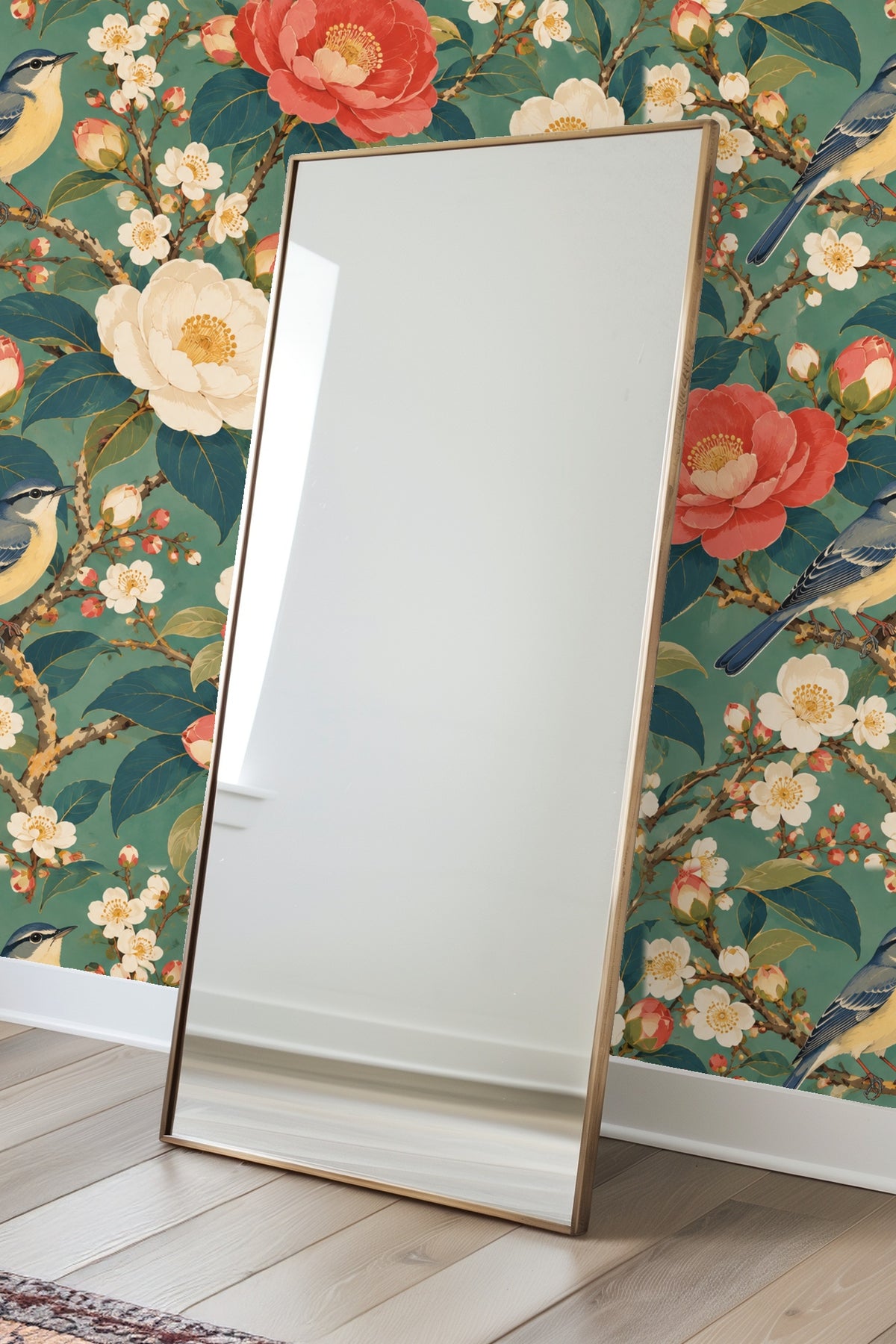 Wallpaper detail showing branches with pink camellia buds and white blossoms against teal