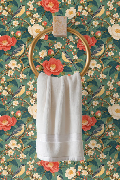 Wallpaper detail showing delicate petals and bird plumage in subtle shading