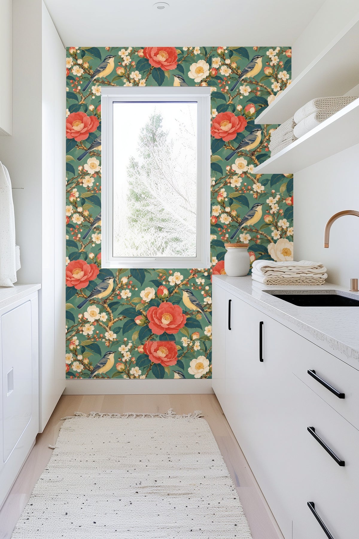 Close-up of wallpaper featuring creamy and coral camellia flowers with small blue birds