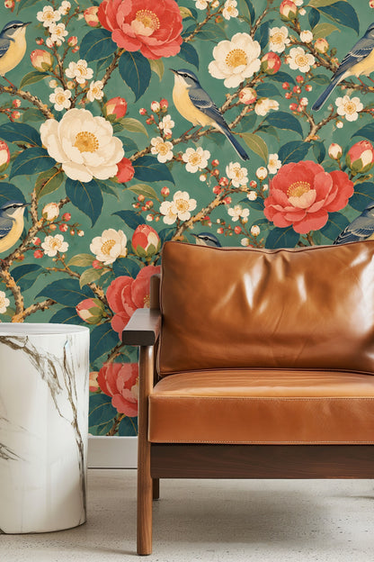 Illustration style floral wallpaper with contrasting light and dark leaves