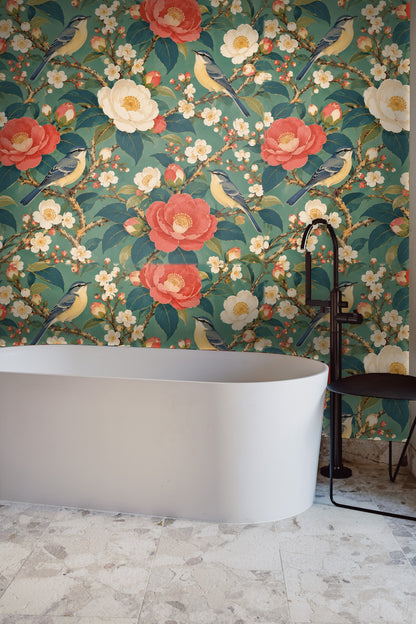 View of vintage style birds perched among leafy branches in botanical wallpaper