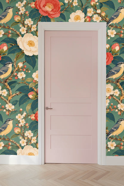 Hand-drawn style wallpaper pattern evoking classic botanical art