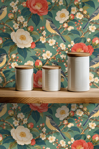 Wallpaper repeat pattern displaying balanced composition of flowers and birds in soft, natural colors