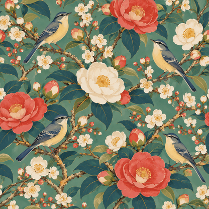 Pattern of intertwining branches, flowers, and birds for serene interior walls