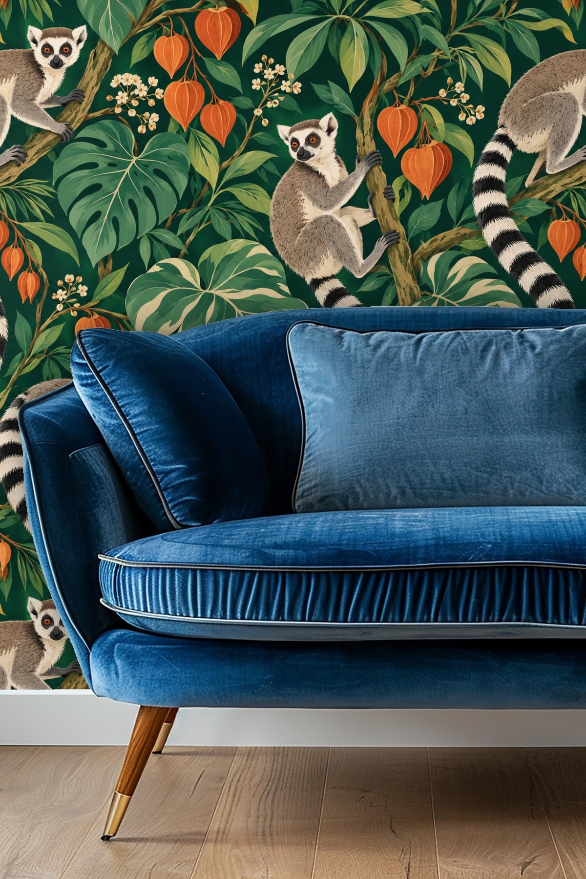 Close-up of wallpaper featuring detailed tropical leaves and ring-tailed lemurs with a deep emerald background behind a velvet blue sofa.