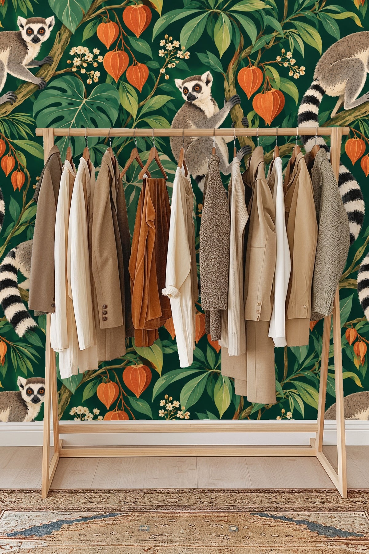 Pattern detail showing cluster of orange lantern flowers and intricate green palm and monstera leaves.