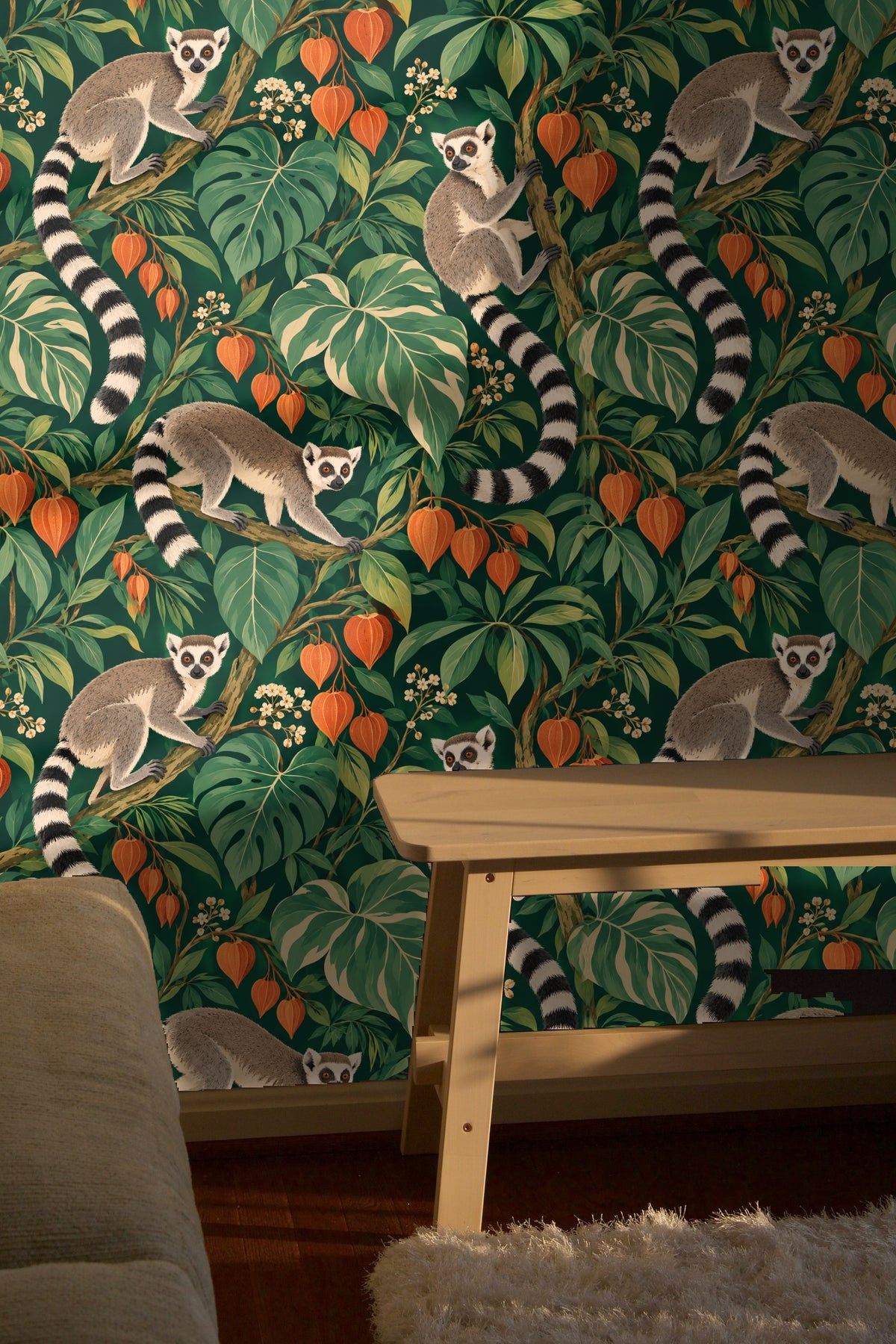 Scene capturing the wallpaper's rich green color contrast against pale walls and natural wood flooring.