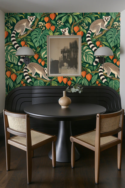 Image of the wallpaper partially framed by smooth white archway and rustic wooden bench beneath a beige throw.