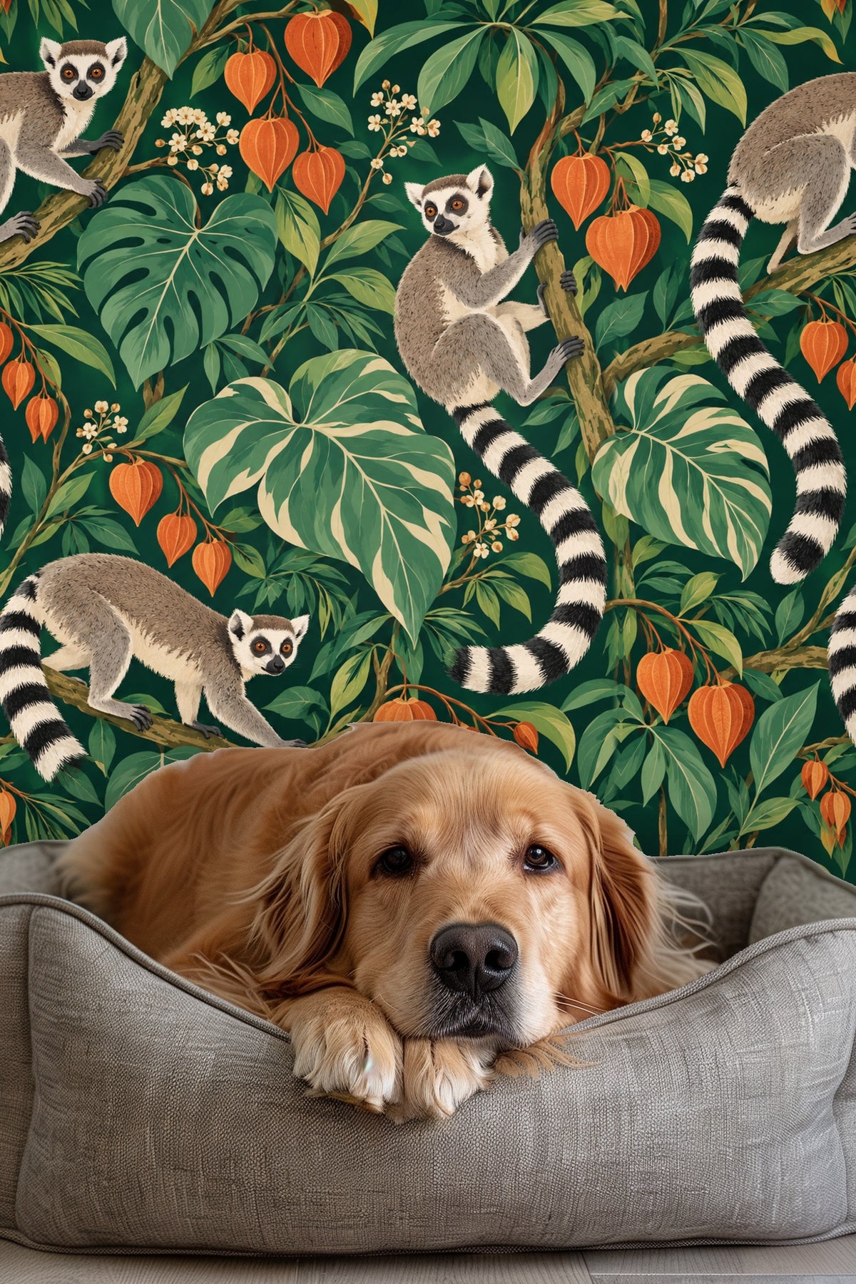 Wallpaper pattern highlighting the distinctive round eyes and facial markings of lemurs among lush leaves.