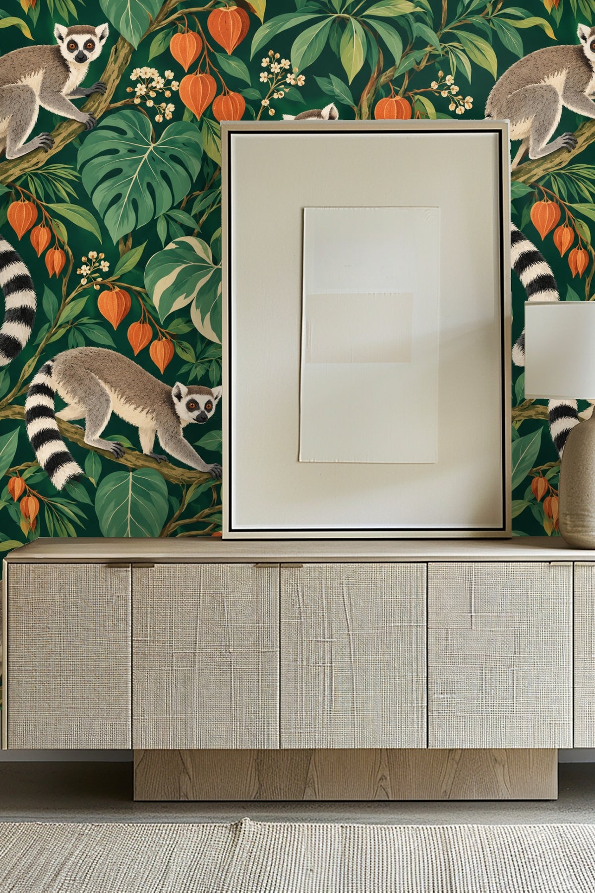 Photo of deep color contrast between wallpaper motifs and adjacent furnishings.