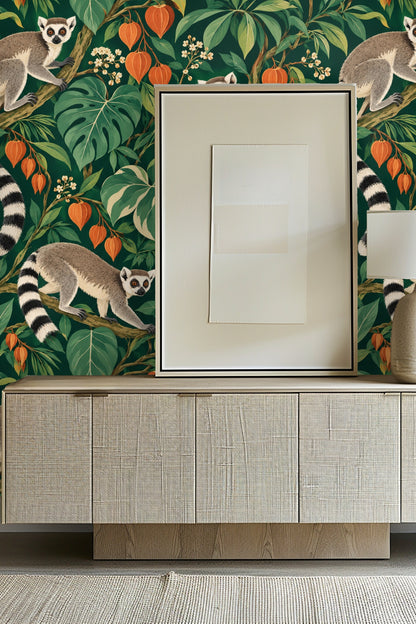 Photo of deep color contrast between wallpaper motifs and adjacent furnishings.
