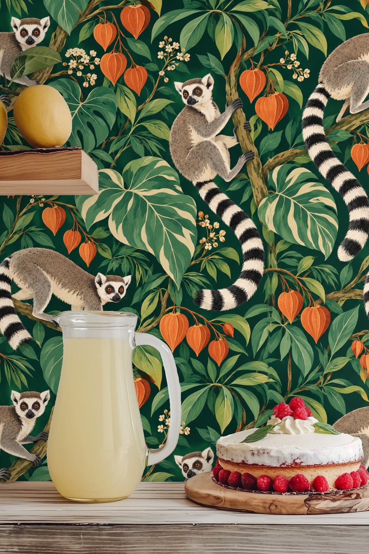 Wallpaper vignette of a lemur's striped tail curling through wide tropical leaves.