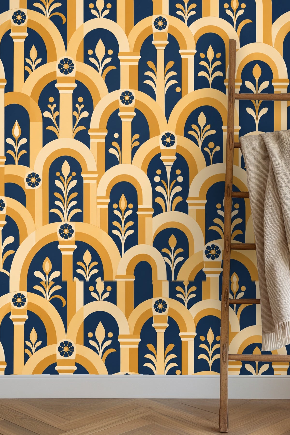 Close-up of Saffron Arched Arcade original wallpaper artwork showing golden arches and floral motifs on blue background
