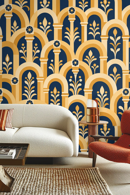 Pattern repeat of Saffron Arched Arcade wallpaper showing overlapping arches and flowers