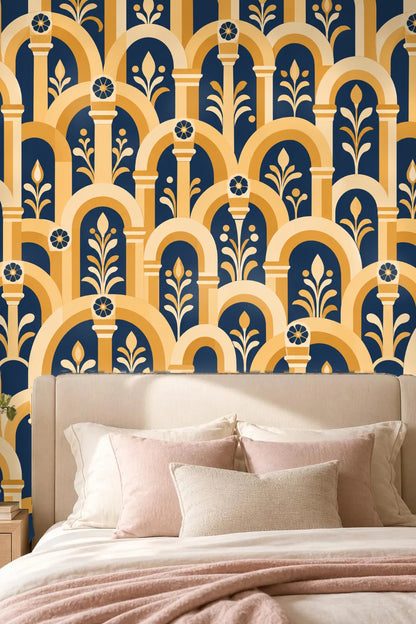 Interior room with Saffron Arched Arcade wallpaper and ladder with throw blanket