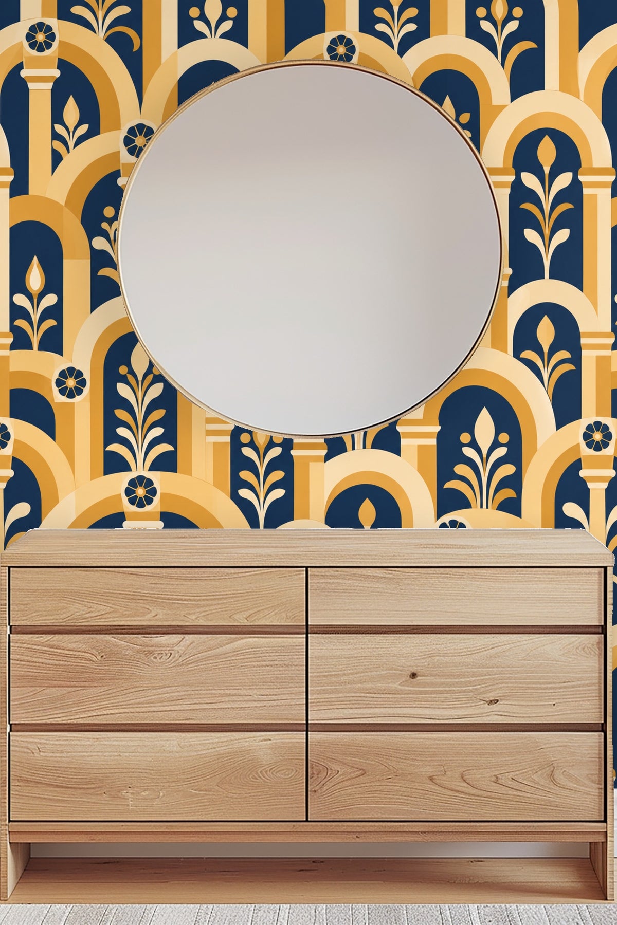 Blue background and golden arch composition in wallpaper pattern sample