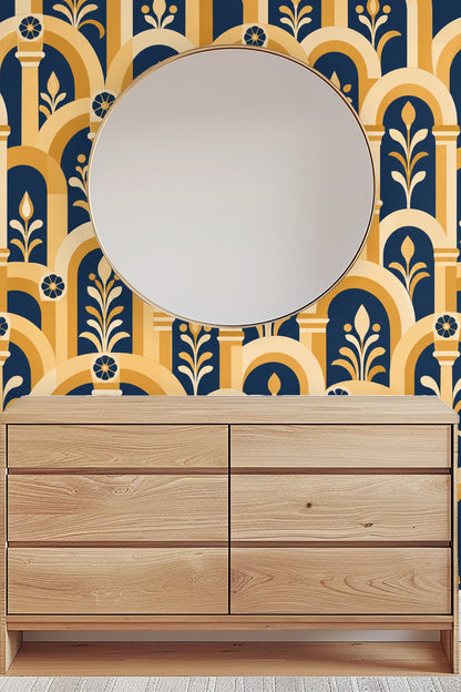 Blue background and golden arch composition in wallpaper pattern sample