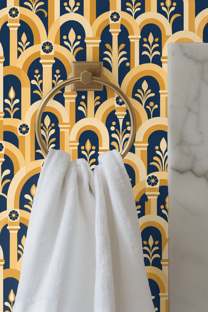 Detail of the arch and floral pattern in Saffron Arched Arcade wallpaper