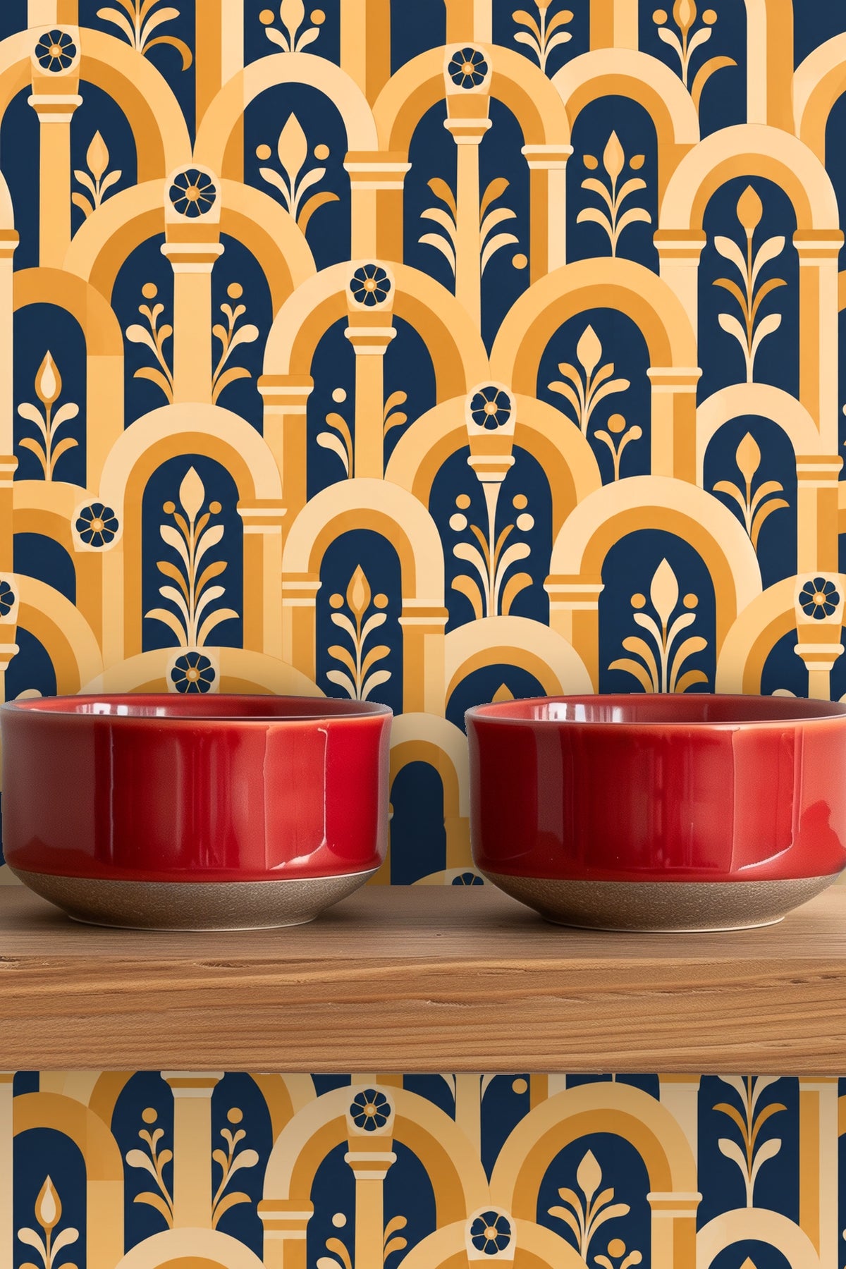 Floral details within arches of Saffron Arched Arcade wallpaper in soft light