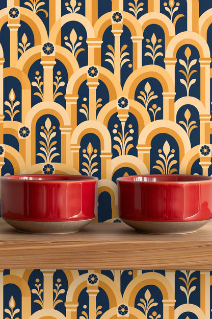Floral details within arches of Saffron Arched Arcade wallpaper in soft light