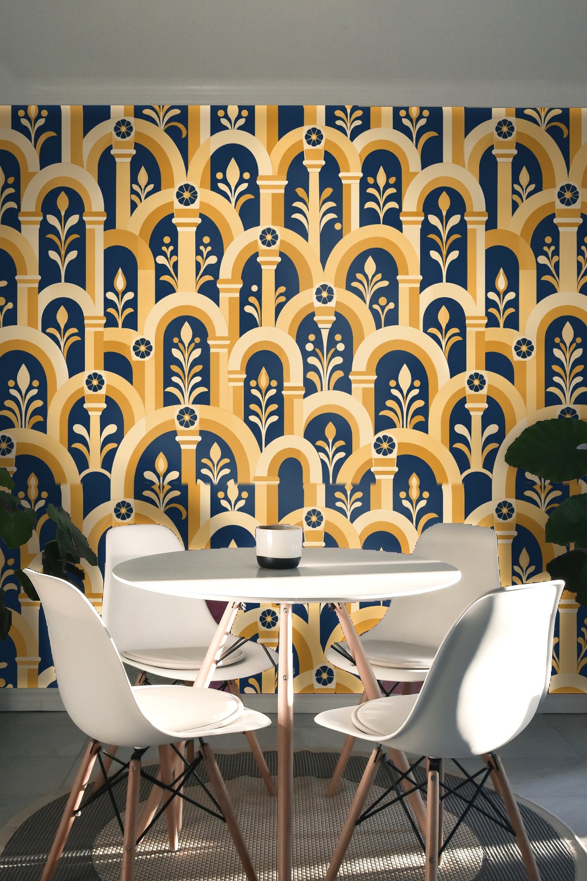 Section of wallpaper showing column capitals and flower detail