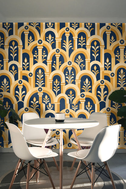 Section of wallpaper showing column capitals and flower detail