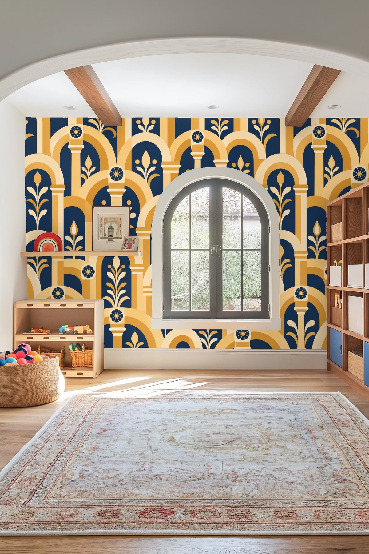 Close-up showing color variation and line quality in Saffron Arched Arcade wallpaper