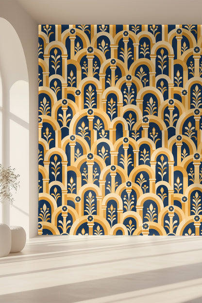 Illustration style and brush strokes in golden arches on Saffron Arched Arcade wallpaper
