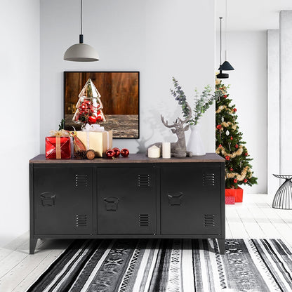 Industrial Metal Storage Cabinet with Wood Top-White/Black