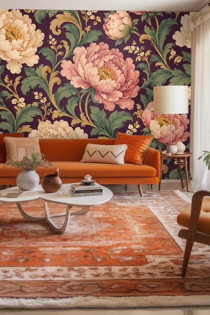 Deep plum wallpaper with large hand-painted cream and dusty pink peonies and leafy scrolls.