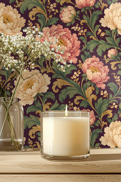 Plum Peony Opus wallpaper shown in an interior setting