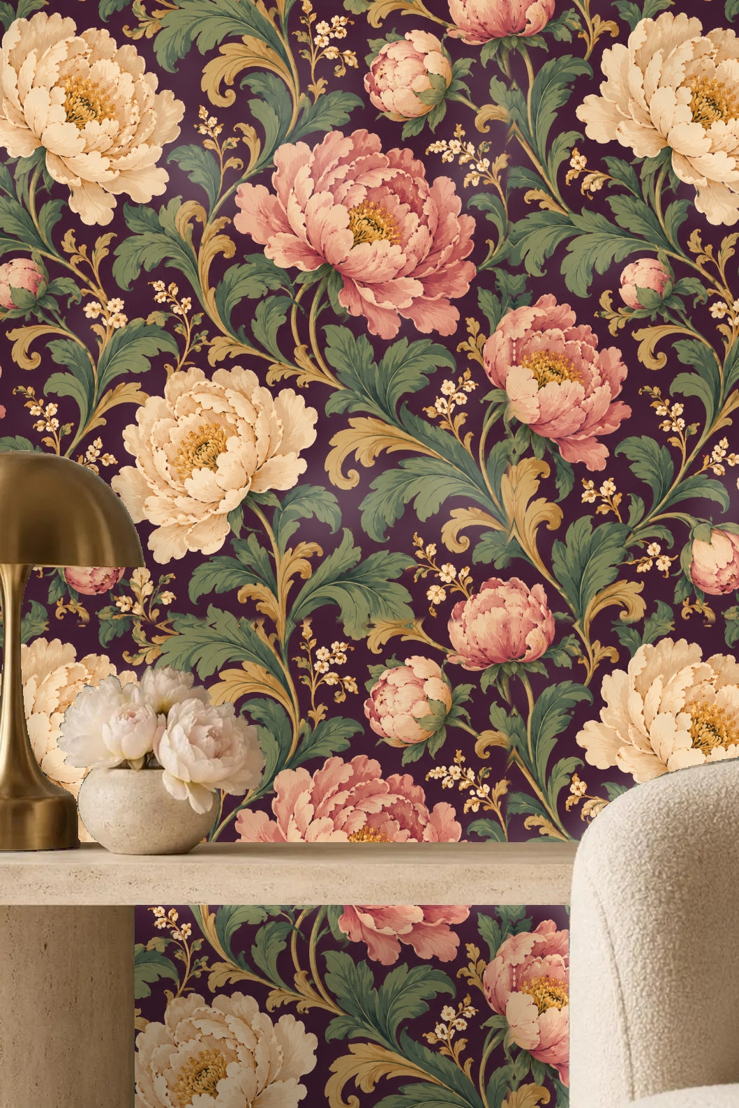 Plum Peony Opus wallpaper shown in an interior setting