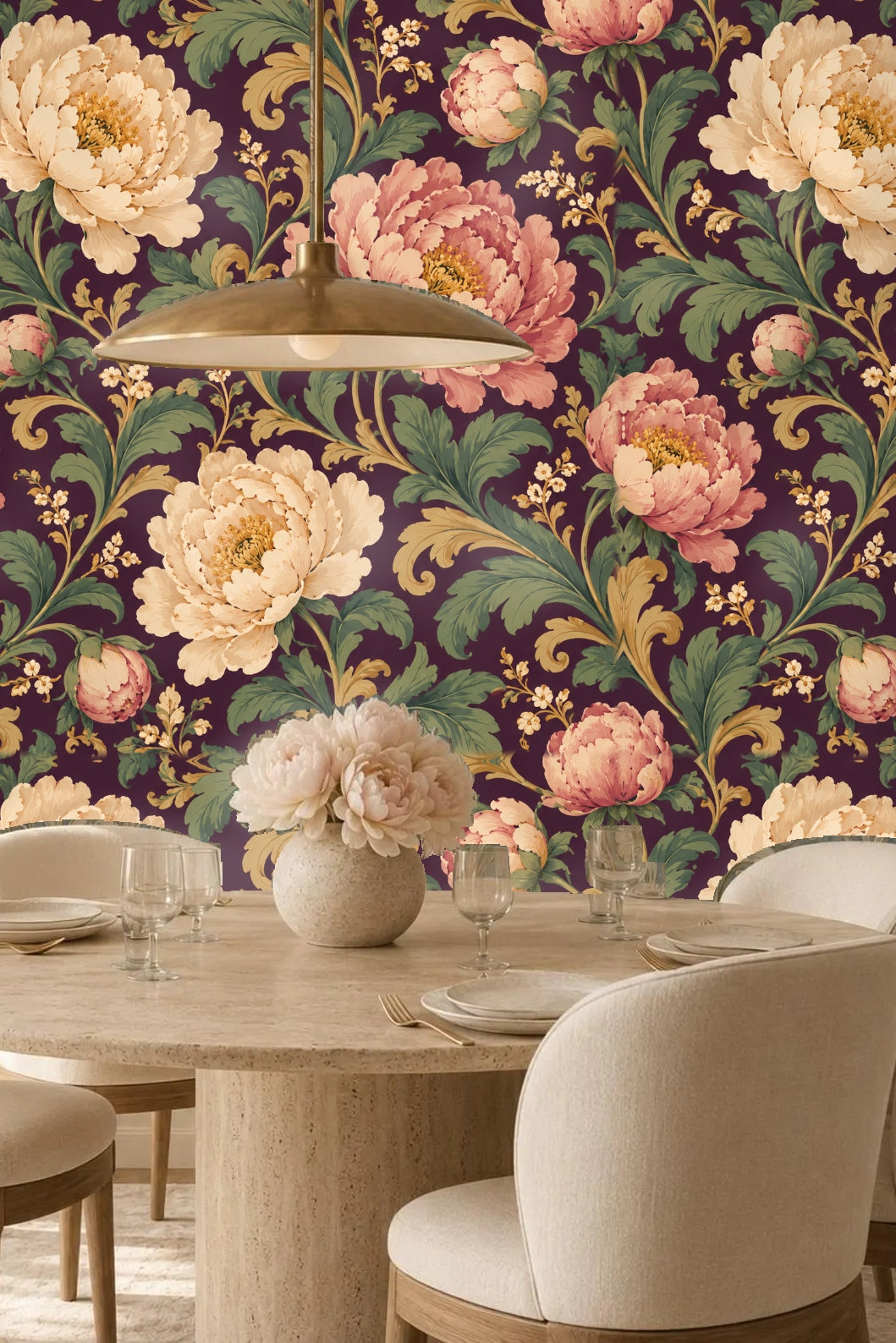 Plum Peony Opus wallpaper shown in an interior setting