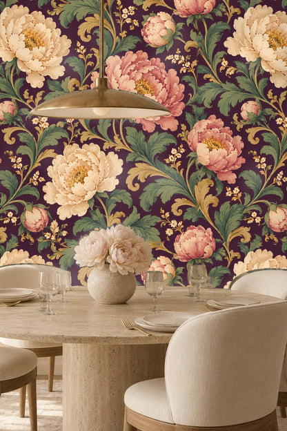 Plum Peony Opus wallpaper shown in an interior setting