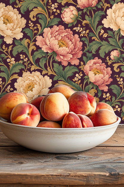 Plum Peony Opus wallpaper shown in an interior setting