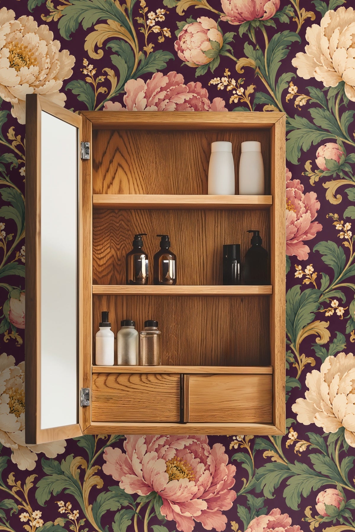 Plum Peony Opus wallpaper shown in an interior setting