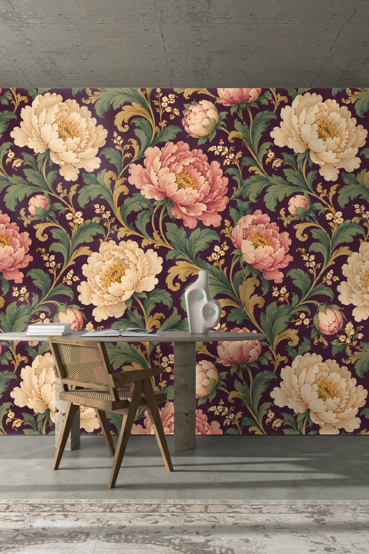 Plum Peony Opus wallpaper shown in an interior setting